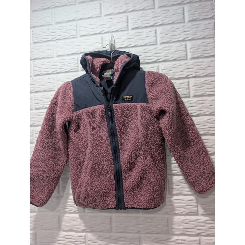 LL Bean Kids Sherpa Fleece Hooded Jacket Purple Navy Blue Size S 8 Cozy Gorpcore